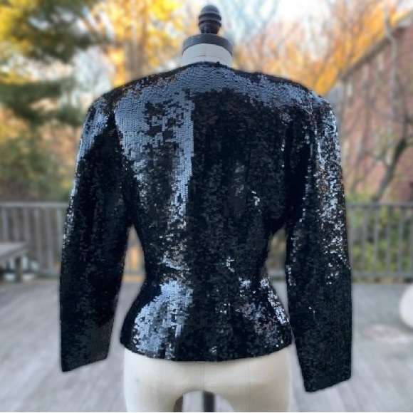 Vintage 80s Black Sequined Silk Peplum Blazer Formal Holiday Jacket Oleg Cassini - Picture 11 of 14